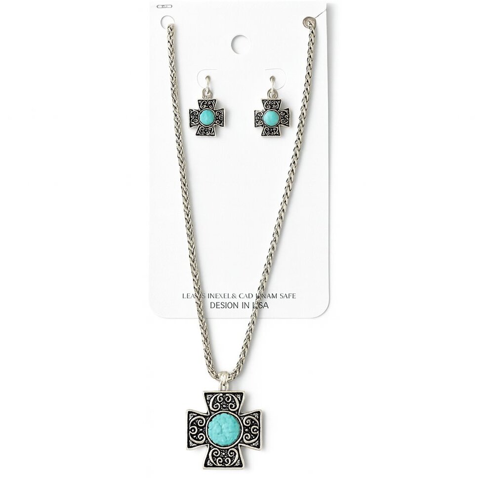 Faux Turquoise Antique Silver Plated Necklace Set